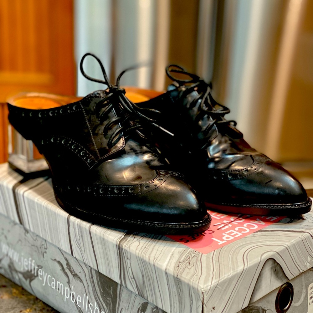 Brand: Jefferey Campbell Model: Lucite heel tie mule Color: Black Size: 8.5